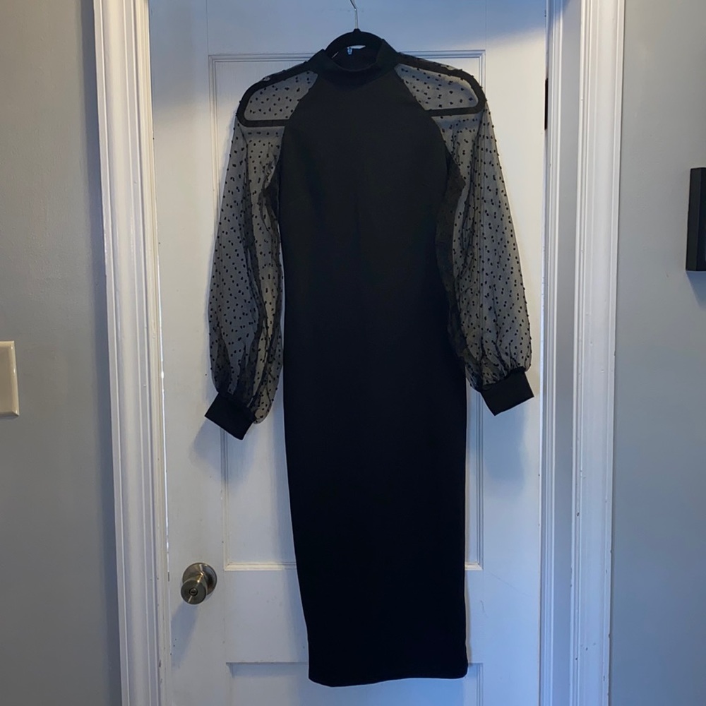 New Shein black skinny dress with dotted Swiss puffy sleeves